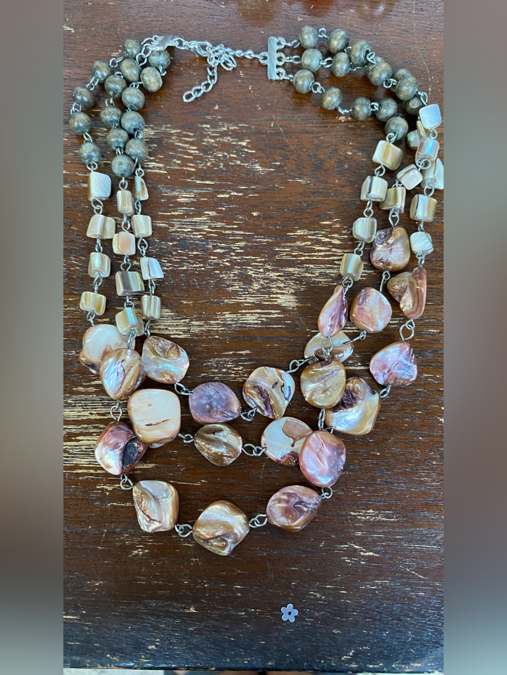 Multi-Strand Iridescent Peach and Brown Bead Necklace